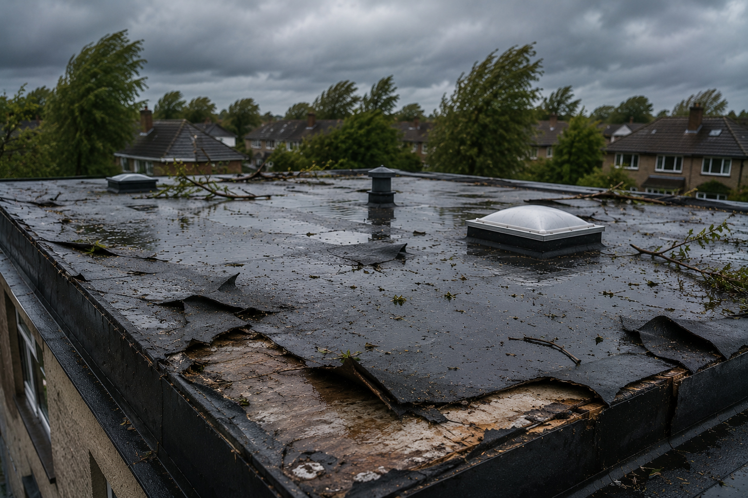 Storm damage to a flat roof