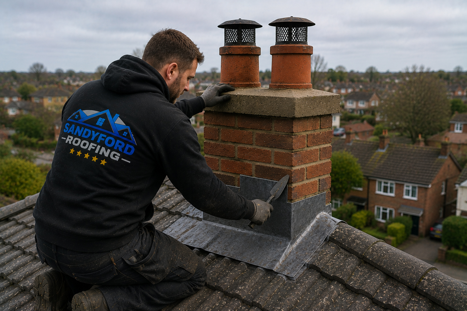 Roofing contractors repairing chimney in Dublin